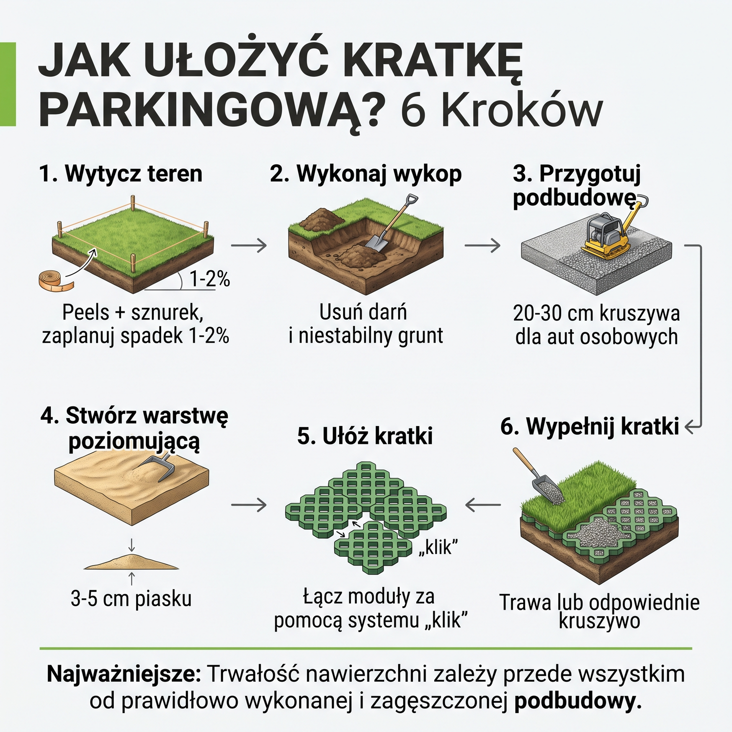 Łączenie modułów plastikowej kratki parkingowej na wyrównanej podbudowie piaskowej